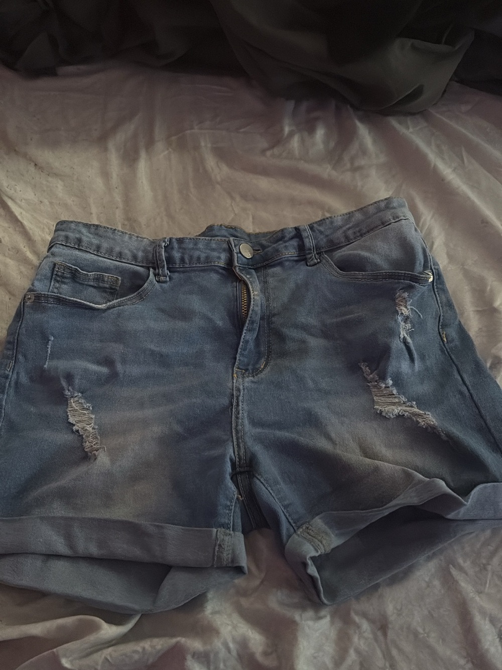 SHEIN Washed Blue Distressed Rolled-Hem Jean Shorts
